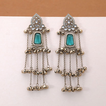 Rama Green Color Long Kashmiri Earrings Crafted with Beautiful Ethnic Jewelry Style