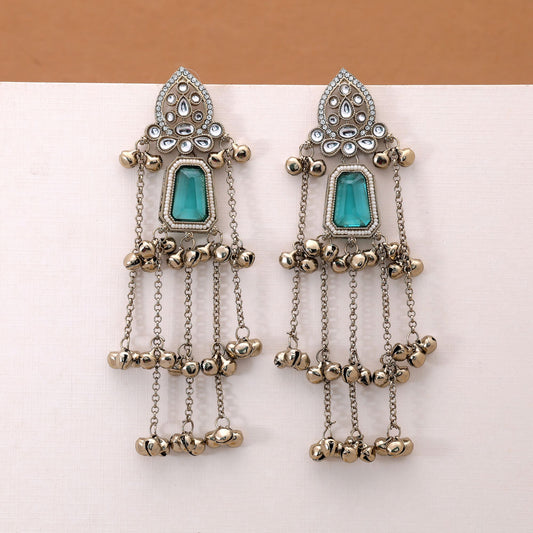Rama Green Color Long Kashmiri Earrings Crafted with Beautiful Ethnic Jewelry Style