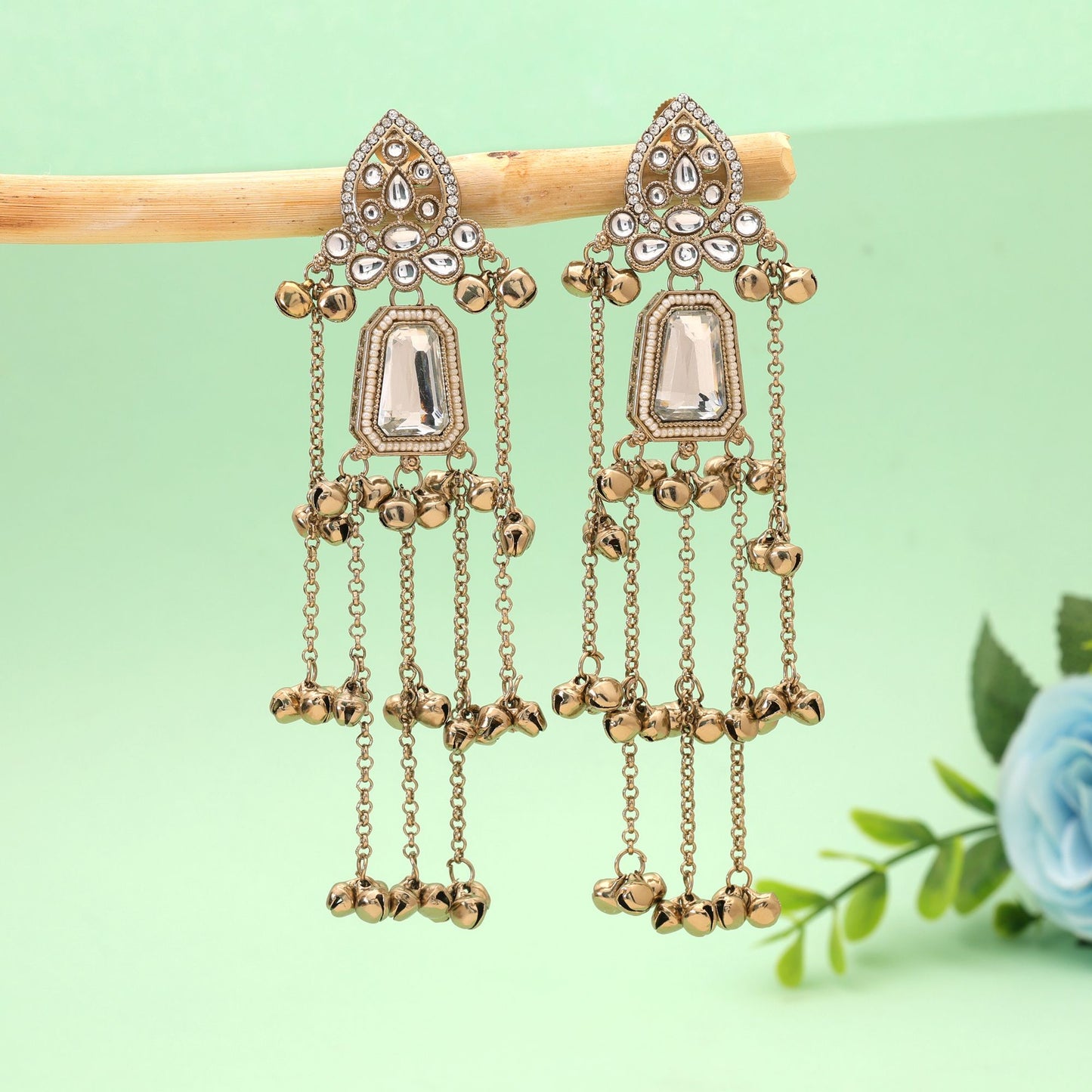 White Color Long Kashmiri Earrings with Premium Artistic Traditional Style