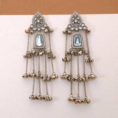 White Color Long Kashmiri Earrings with Premium Artistic Traditional Style