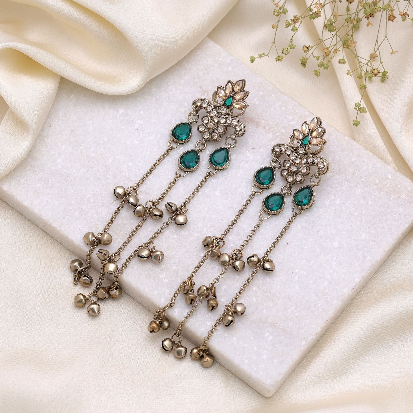 Green Color Long Kashmiri Earrings with Elegant Festive Jewelry Design Appeal