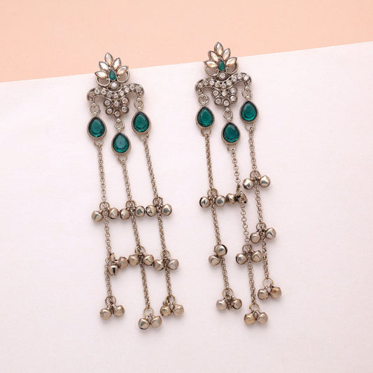 Green Color Long Kashmiri Earrings with Elegant Festive Jewelry Design Appeal