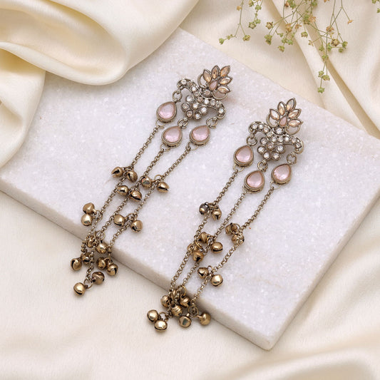 Light Pink Color Long Kashmiri Earrings with Elegant Handmade Traditional Design
