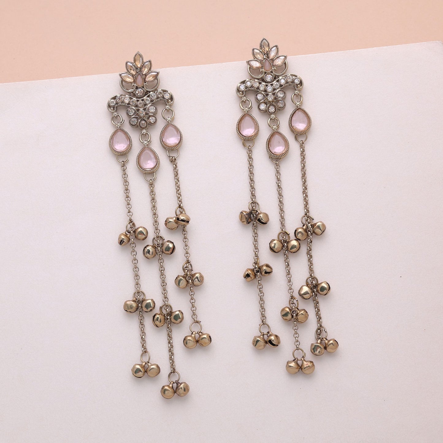 Light Pink Color Long Kashmiri Earrings with Elegant Handmade Traditional Design