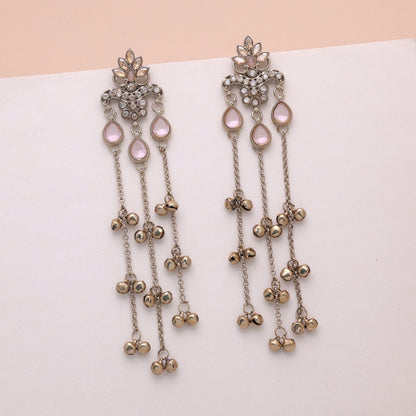 Light Pink Color Long Kashmiri Earrings with Elegant Handmade Traditional Design