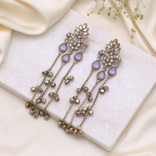 Lavender Color Long Kashmiri Earrings Featuring Stylish Festive Jewelry Appeal