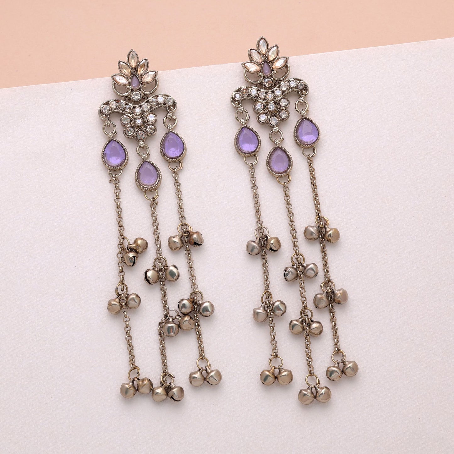 Lavender Color Long Kashmiri Earrings Featuring Stylish Festive Jewelry Appeal