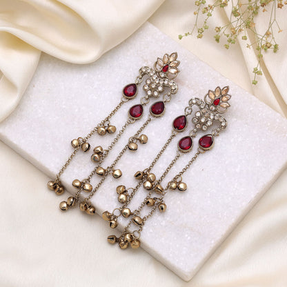 Red Color Long Kashmiri Earrings with Royal Traditional Handmade Fashion Style