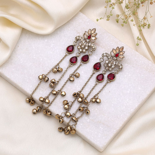 Red Color Long Kashmiri Earrings with Royal Traditional Handmade Fashion Style