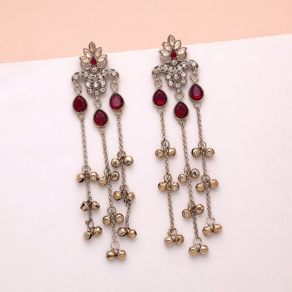 Red Color Long Kashmiri Earrings with Royal Traditional Handmade Fashion Style