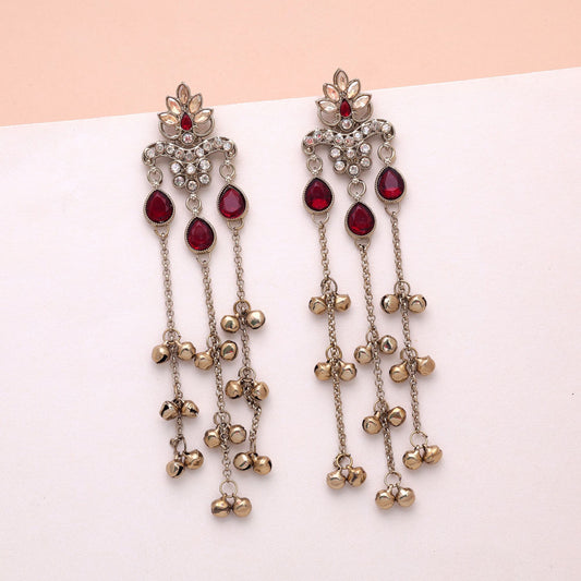 Red Color Long Kashmiri Earrings with Royal Traditional Handmade Fashion Style