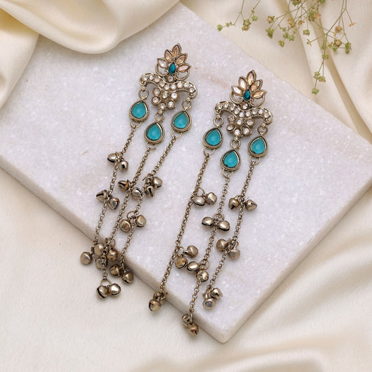 Rama Green Color Long Kashmiri Earrings Crafted with Traditional Designer Finish