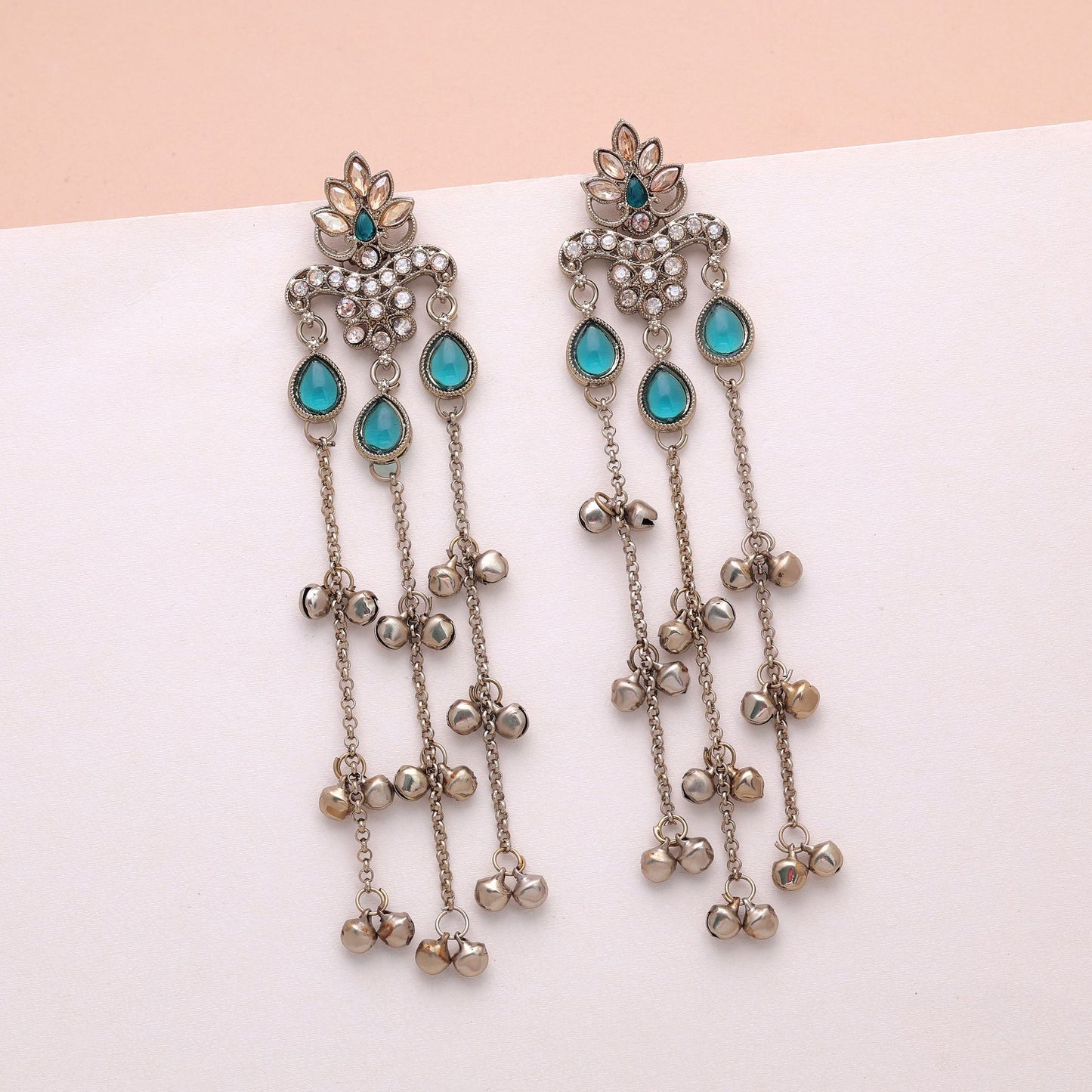 Rama Green Color Long Kashmiri Earrings Crafted with Traditional Designer Finish