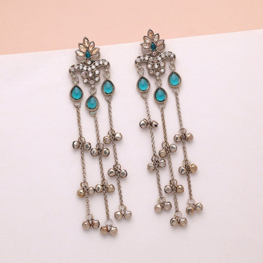 Rama Green Color Long Kashmiri Earrings Crafted with Traditional Designer Finish