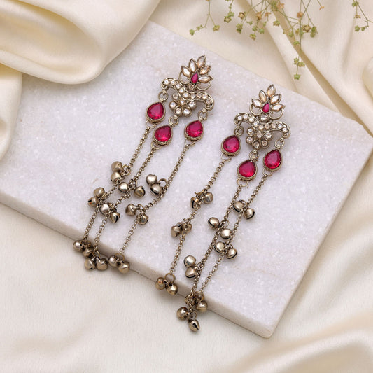 Rani Color Long Kashmiri Earrings Featuring Premium Handmade Ethnic Fashion Style