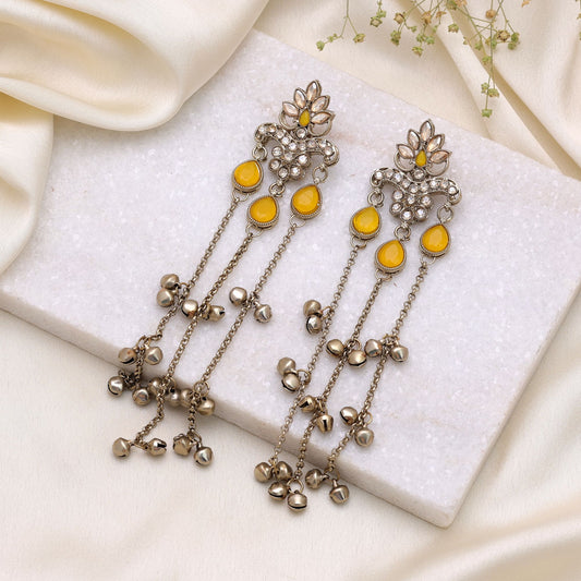 Yellow Color Long Kashmiri Earrings Crafted for Stylish Ethnic Party Wear