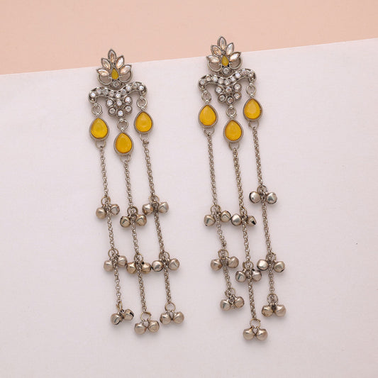 Yellow Color Long Kashmiri Earrings Crafted for Stylish Ethnic Party Wear