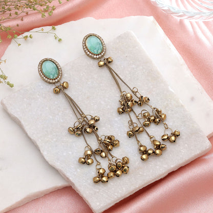 Aqua Color Long Kashmiri Earrings Featuring Graceful Designer Fashion Style