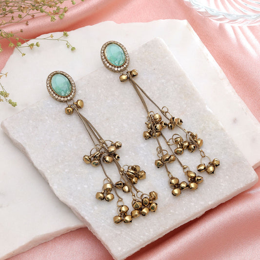 Aqua Color Long Kashmiri Earrings Featuring Graceful Designer Fashion Style