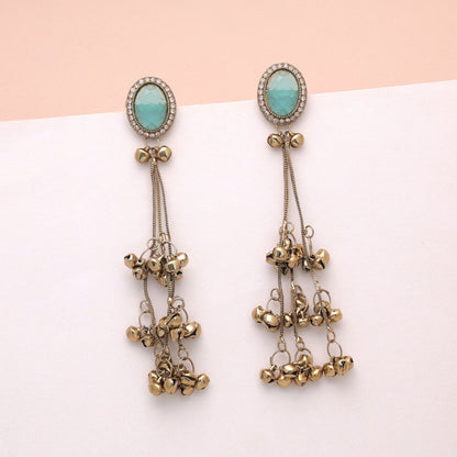 Aqua Color Long Kashmiri Earrings Featuring Graceful Designer Fashion Style