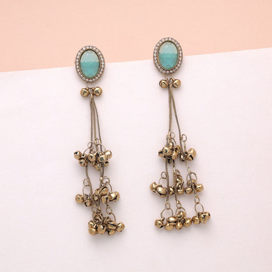 Aqua Color Long Kashmiri Earrings Featuring Graceful Designer Fashion Style