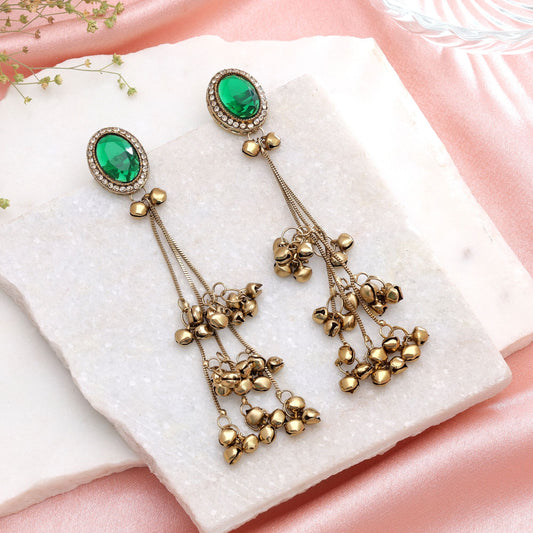 Green Color Long Kashmiri Earrings Featuring Beautiful Traditional Jewelry Finish