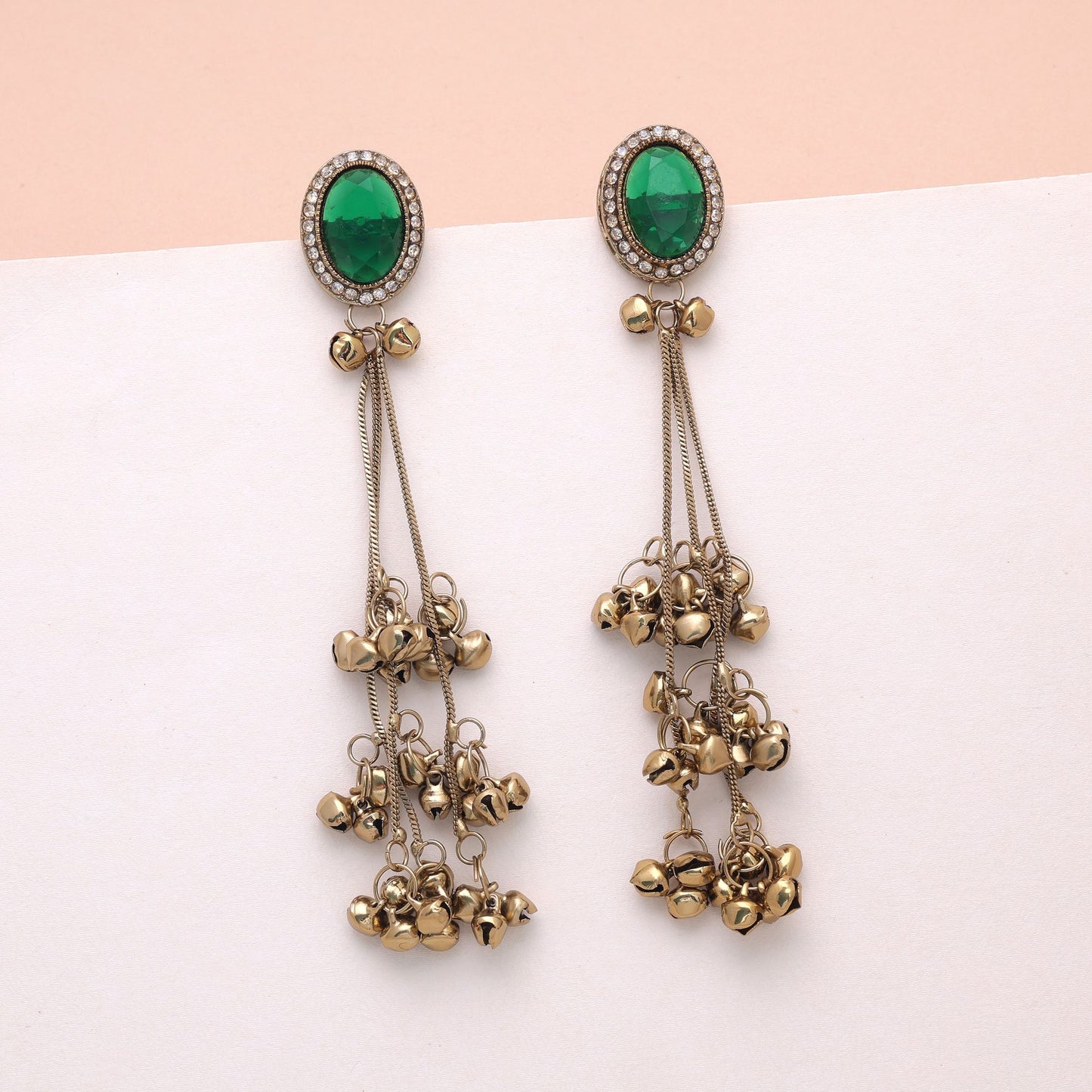 Green Color Long Kashmiri Earrings Featuring Beautiful Traditional Jewelry Finish