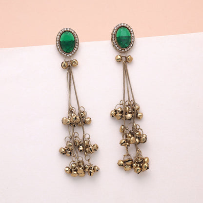 Green Color Long Kashmiri Earrings Featuring Beautiful Traditional Jewelry Finish