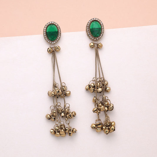 Green Color Long Kashmiri Earrings Featuring Beautiful Traditional Jewelry Finish