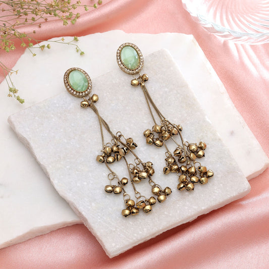 Light Green Color Long Kashmiri Earrings with Premium Handmade Ethnic Appeal