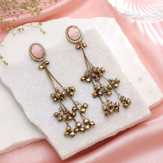 Light Pink Color Long Kashmiri Earrings Crafted for Elegant Festive Fashion Wear