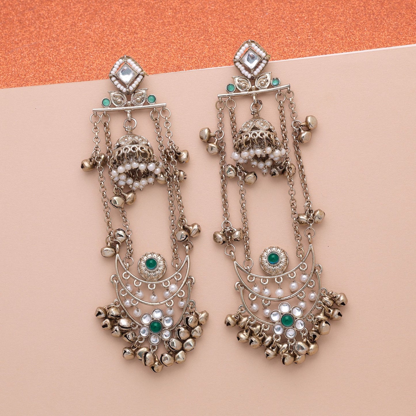 Green Color Long Kashmiri Earrings Crafted for Stylish Traditional Jewelry Look