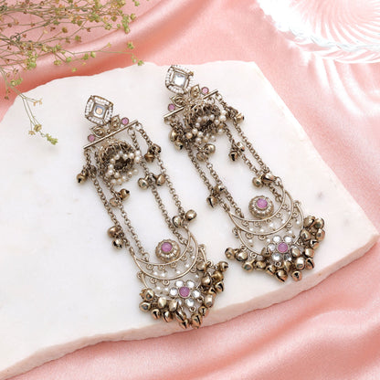 Light Pink Color Long Kashmiri Earrings Featuring Graceful Handmade Jewelry Style