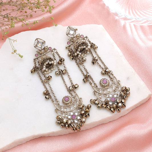 Light Pink Color Long Kashmiri Earrings Featuring Graceful Handmade Jewelry Style