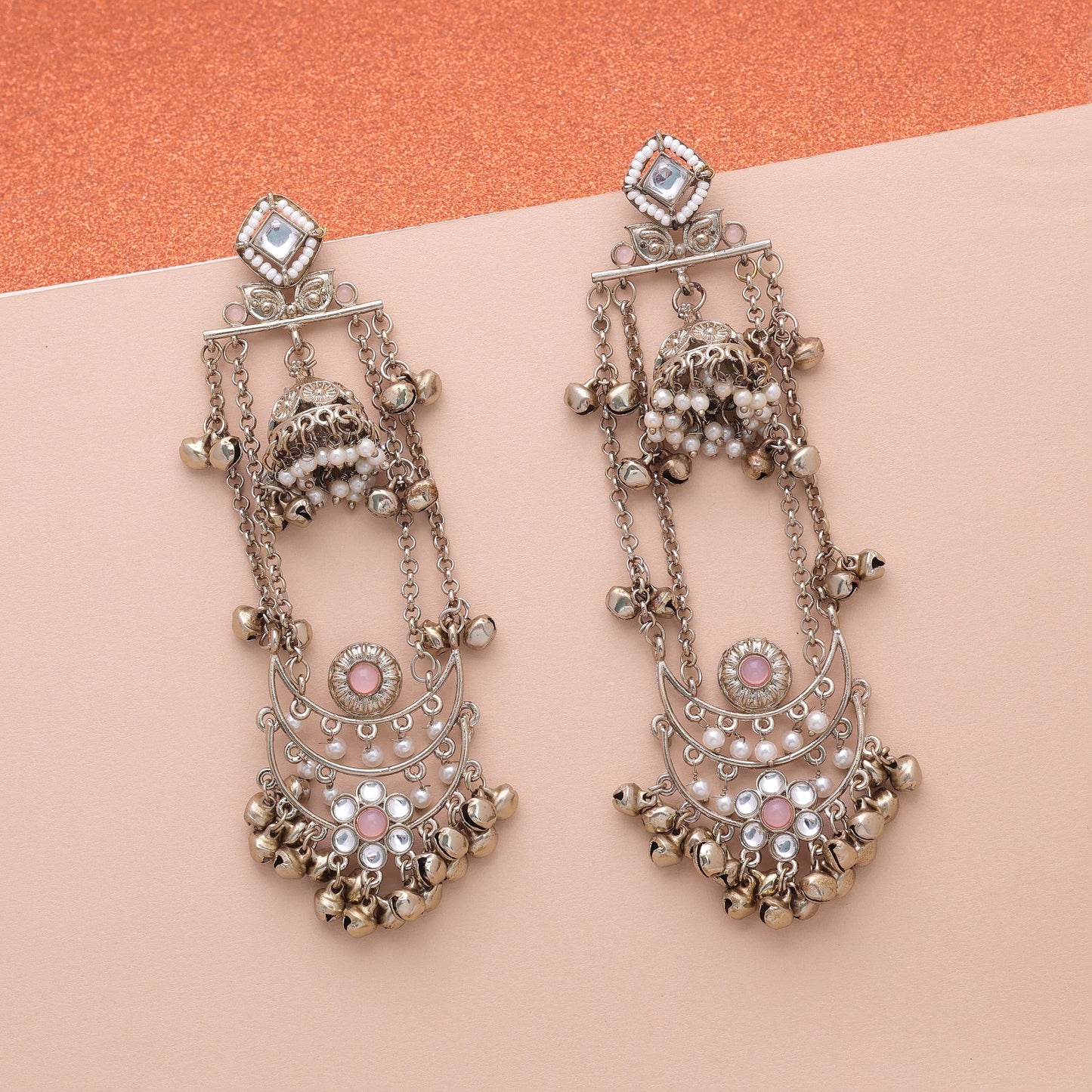 Light Pink Color Long Kashmiri Earrings Featuring Graceful Handmade Jewelry Style
