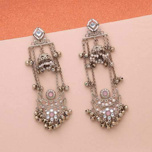 Light Pink Color Long Kashmiri Earrings Featuring Graceful Handmade Jewelry Style