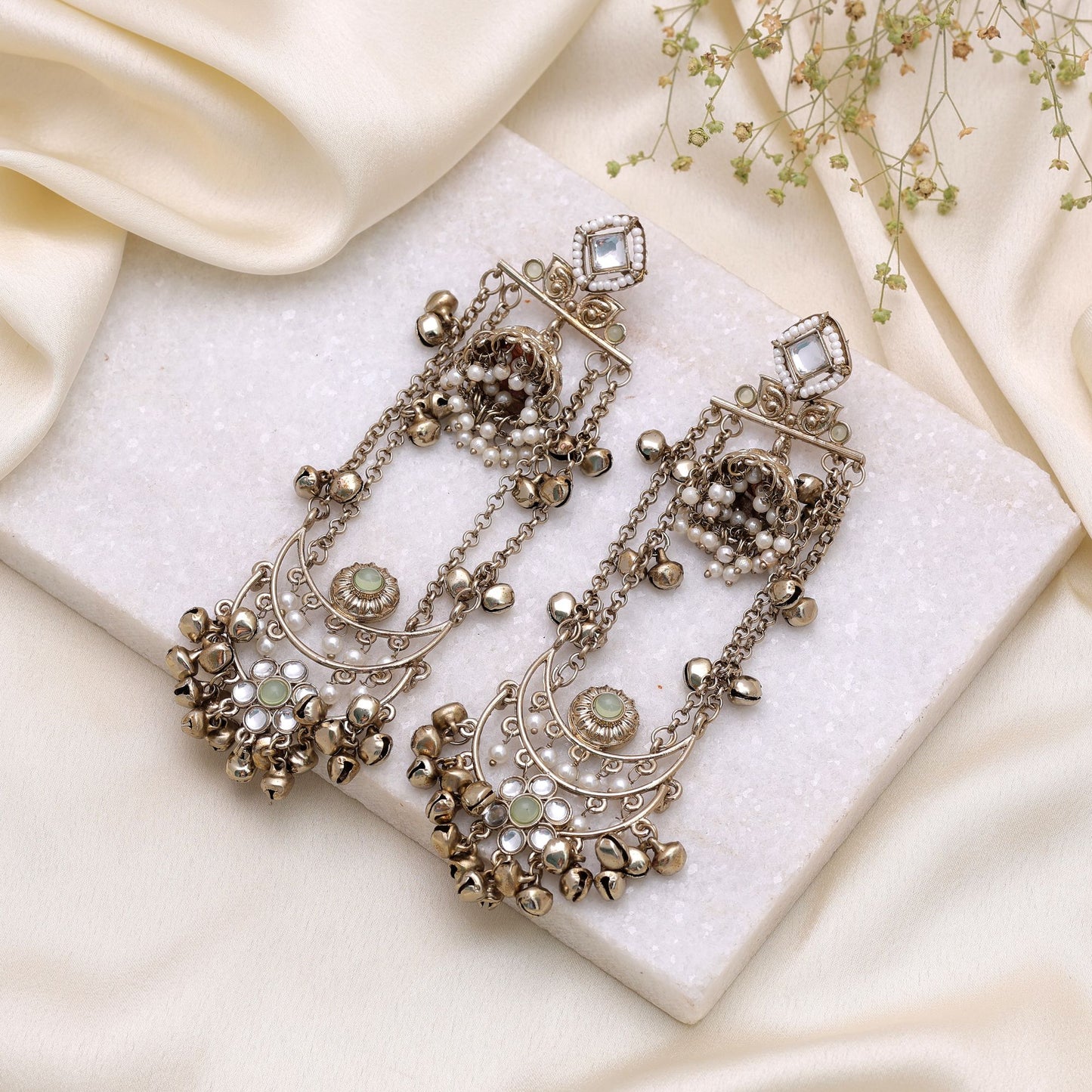 Parrot Green Color Long Kashmiri Earrings Featuring Elegant Festive Ethnic Design