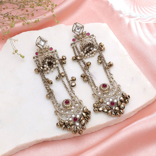 Red Color Long Kashmiri Earrings with Elegant Traditional Fashion Design Appeal