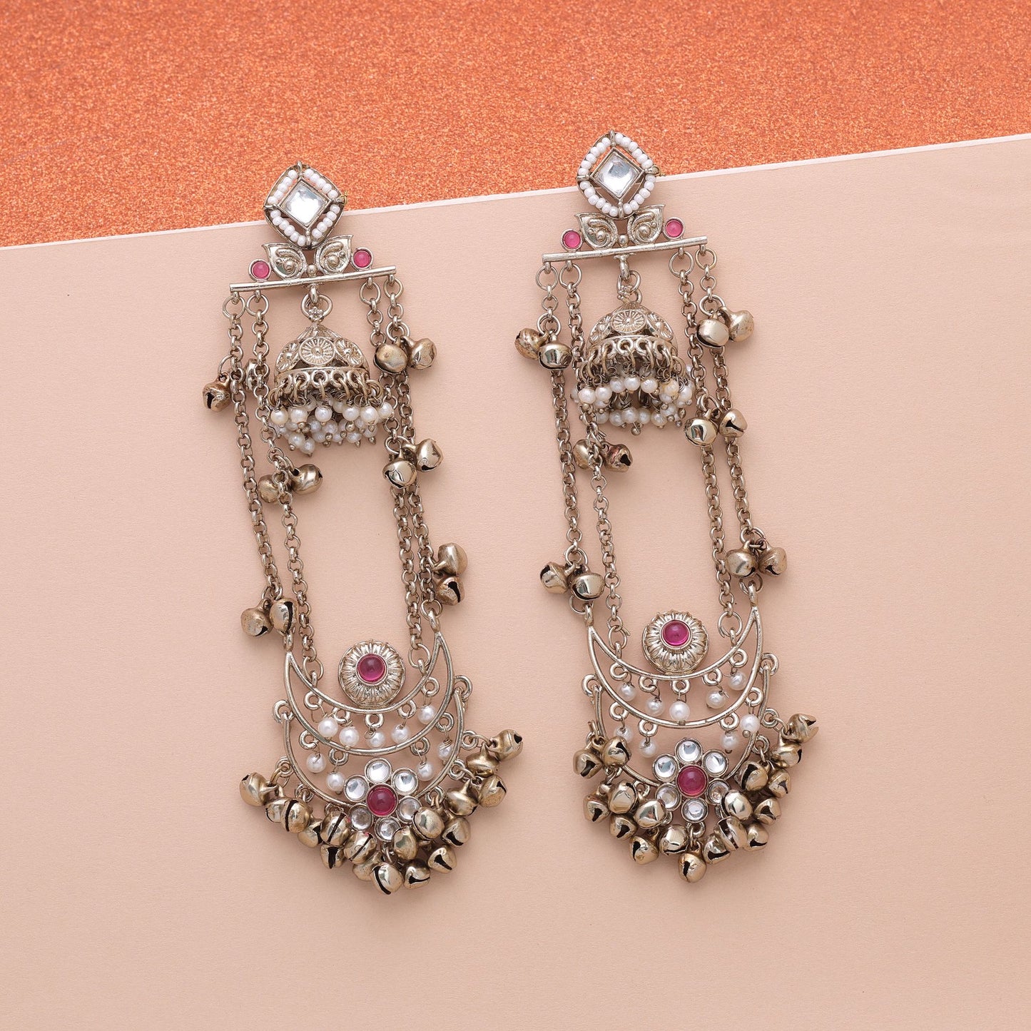 Red Color Long Kashmiri Earrings with Elegant Traditional Fashion Design Appeal