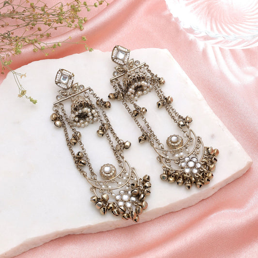 White Color Long Kashmiri Earrings with Elegant Traditional Designer Appeal
