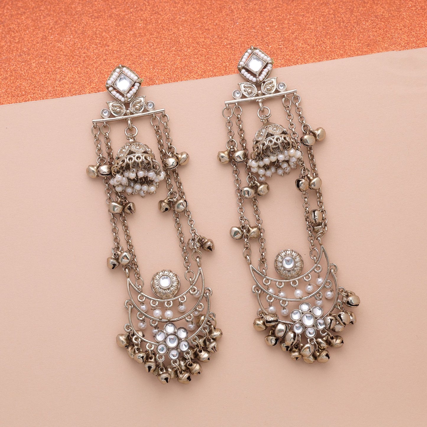 White Color Long Kashmiri Earrings with Elegant Traditional Designer Appeal
