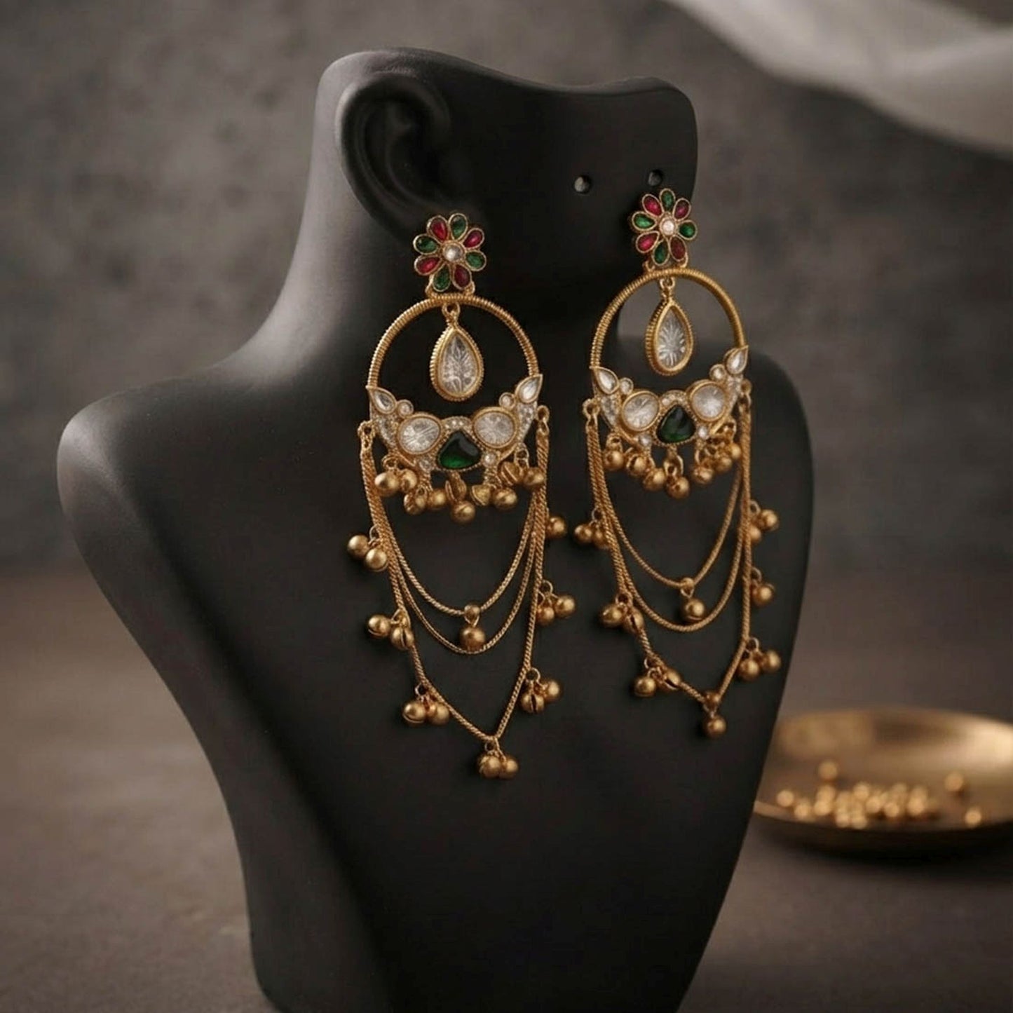 Green & Red Color Long Kashmiri Earrings with Elegant Stonework and Traditional Ethnic Design