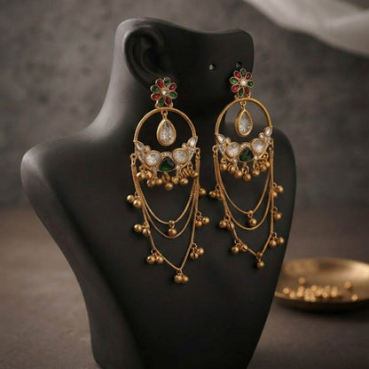Green & Red Color Long Kashmiri Earrings with Elegant Stonework and Traditional Ethnic Design