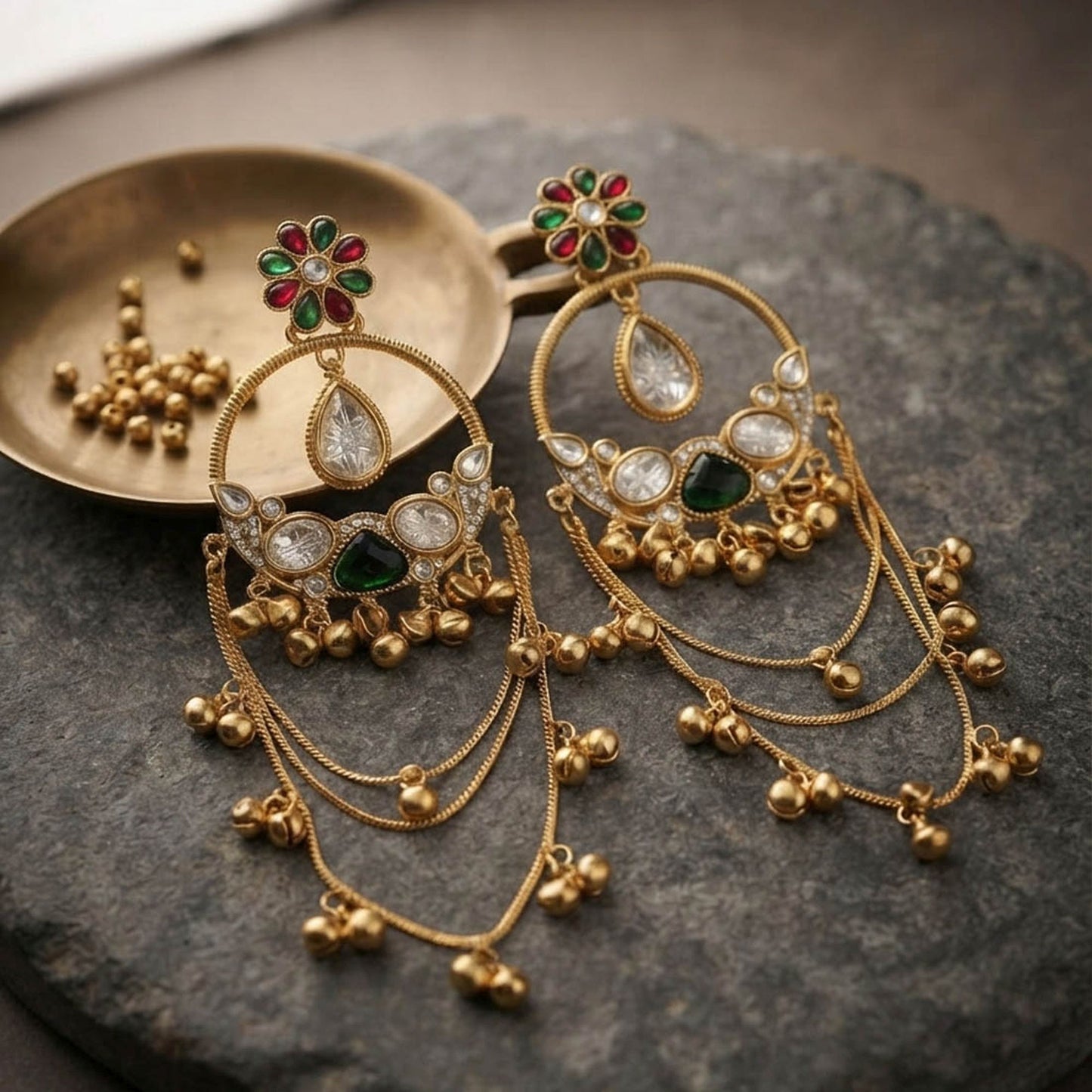Green & Red Color Long Kashmiri Earrings with Elegant Stonework and Traditional Ethnic Design