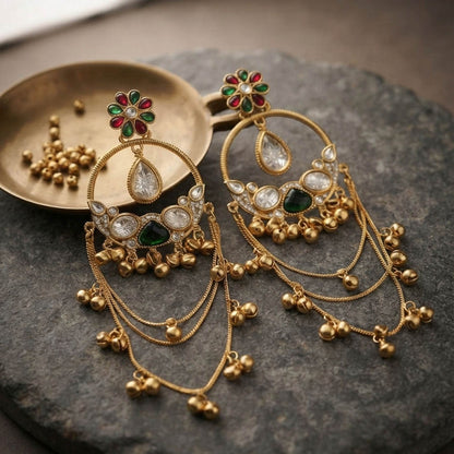 Green & Red Color Long Kashmiri Earrings with Elegant Stonework and Traditional Ethnic Design