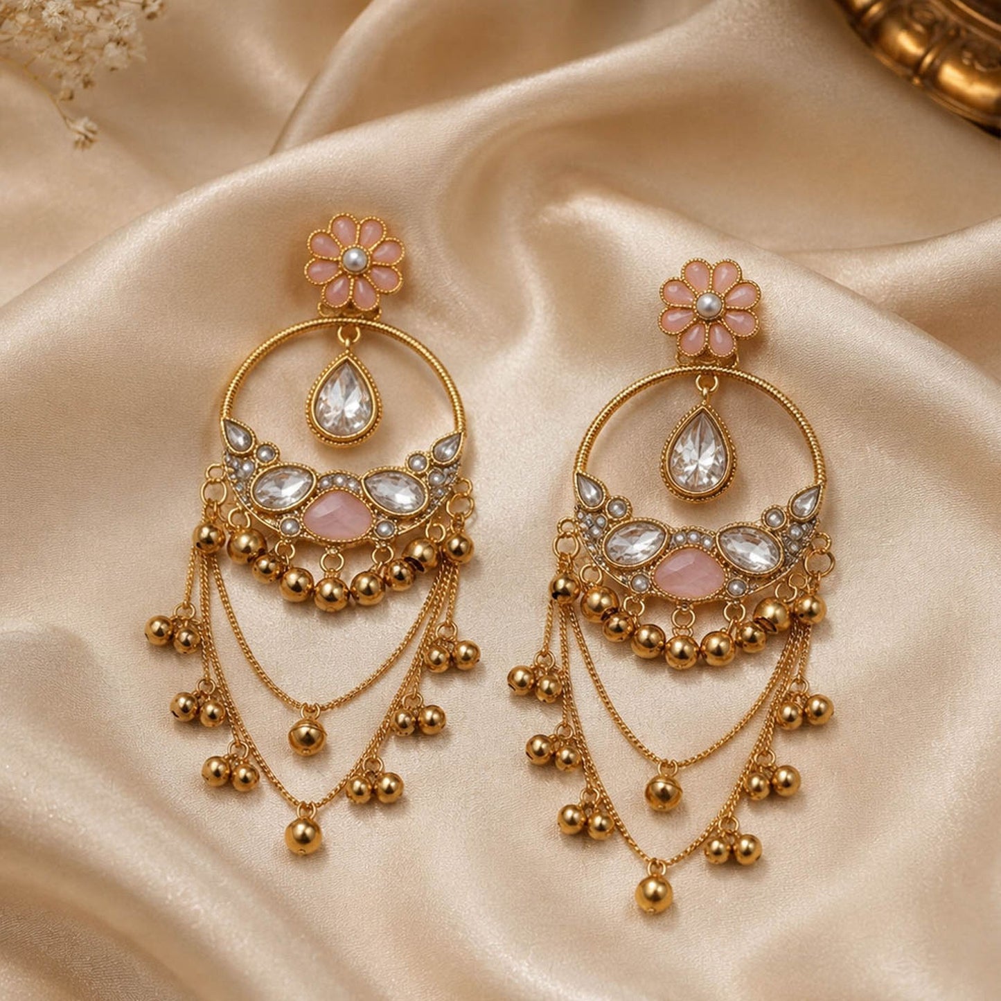 Light Pink Color Long Kashmiri Earrings with Graceful Traditional Detailing and Beautiful Ethnic Appeal