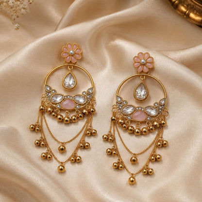 Light Pink Color Long Kashmiri Earrings with Graceful Traditional Detailing and Beautiful Ethnic Appeal