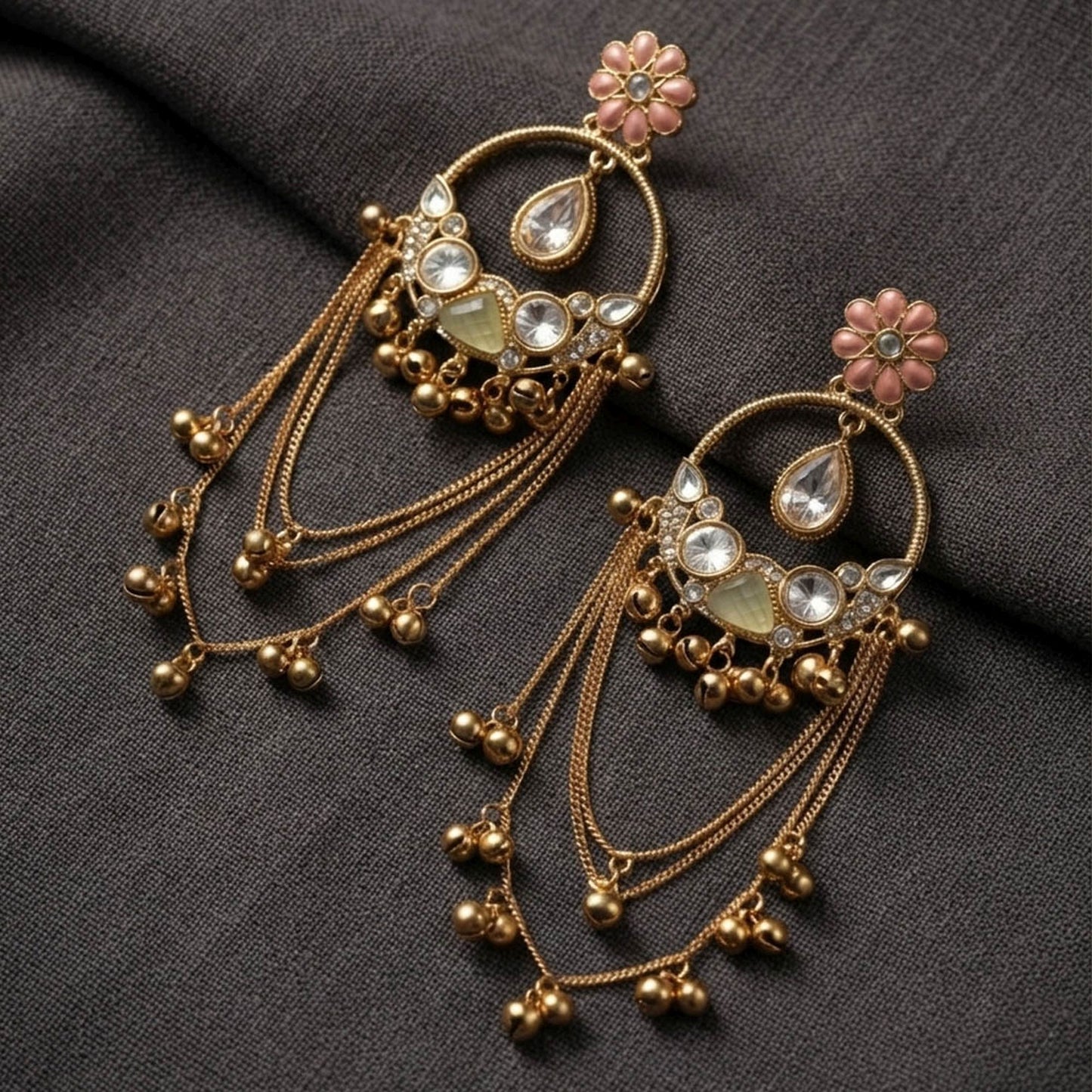Light Pink & Green Color Long Kashmiri Earrings with Elegant Floral Patterns and Ethnic Charm