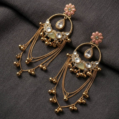 Light Pink & Green Color Long Kashmiri Earrings with Elegant Floral Patterns and Ethnic Charm