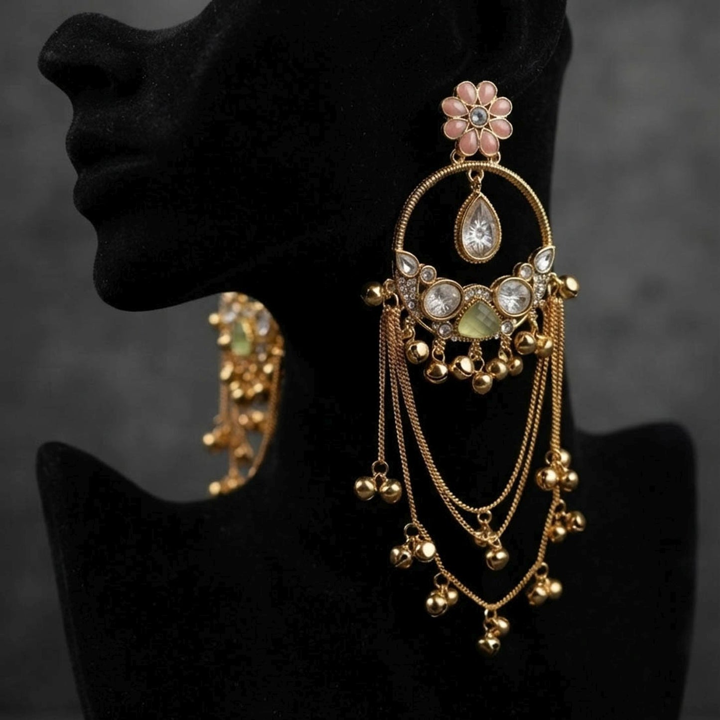 Light Pink & Green Color Long Kashmiri Earrings with Elegant Floral Patterns and Ethnic Charm